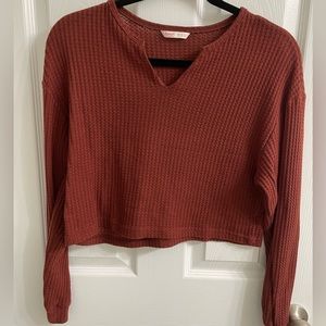 5/$25 RUST RED WAFFLE KNIT CROPPED LONG SLEEVE SHIRT AUTUMN CASUAL